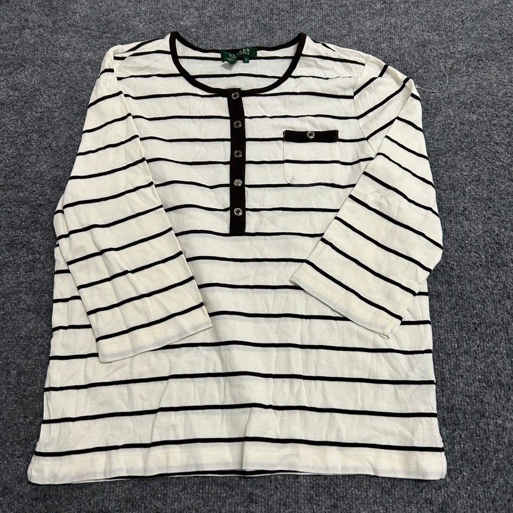 Lauren Ralph Lauren Henley Womens XL White Navy Striped Cotton 3/4 Sleeve Shirt